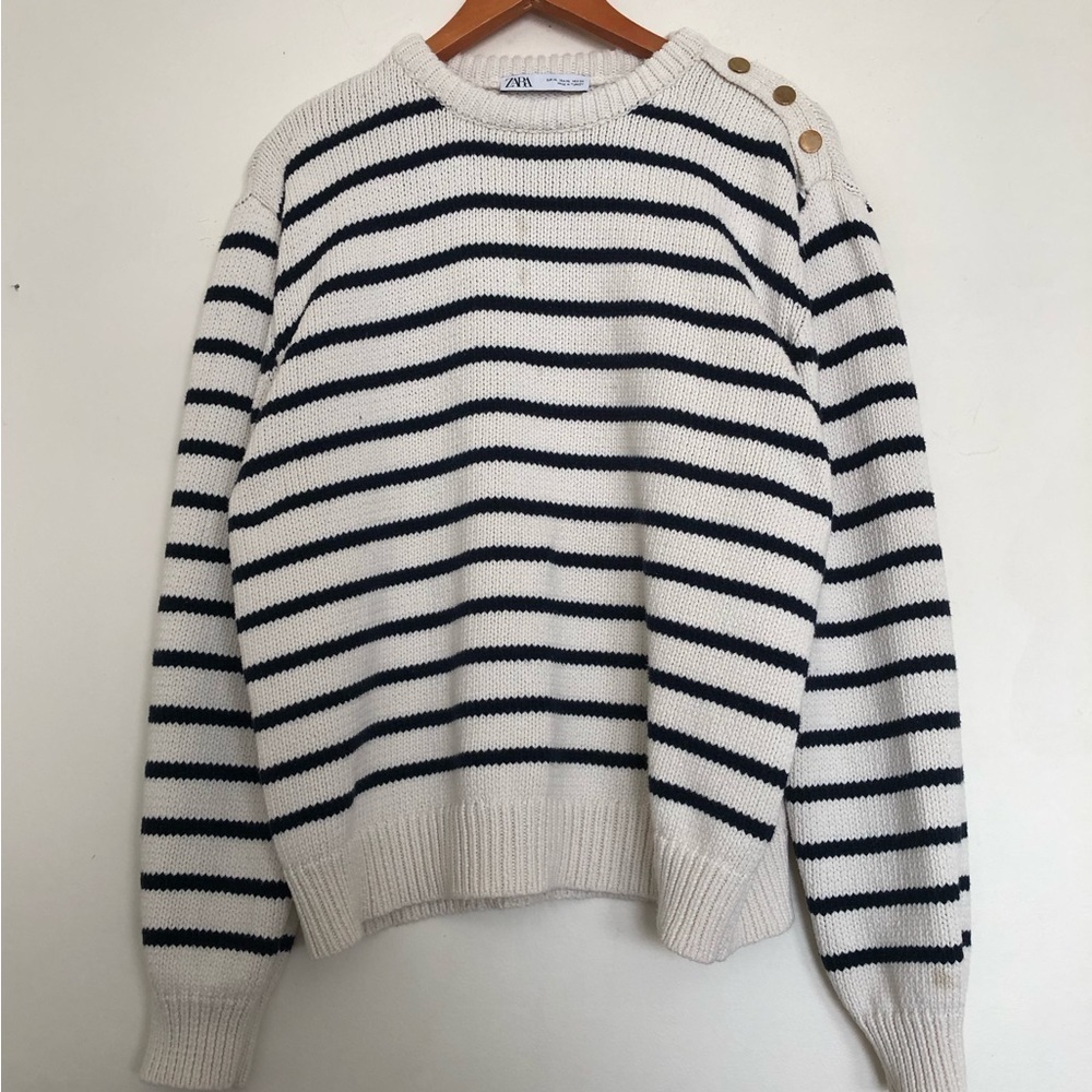 Zara striped knit sweater with gold buttons